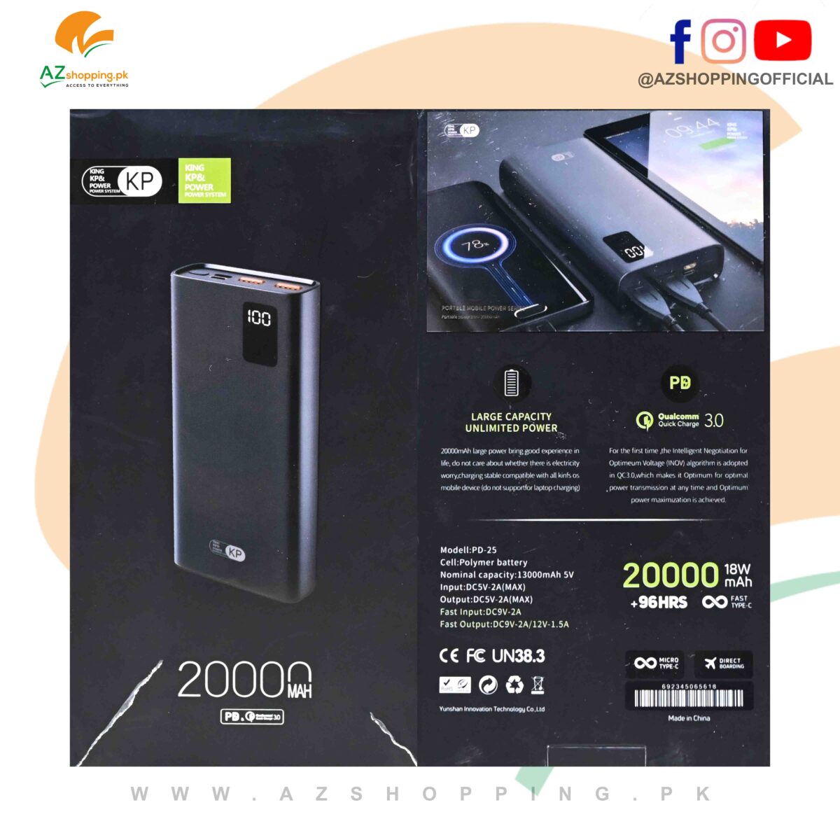 KP – Power Bank with 20000 mAh 18W, PD Qualcomm Quick Charge 3.0, Fast Type-C & LCD Charging Display - Model: PD-25