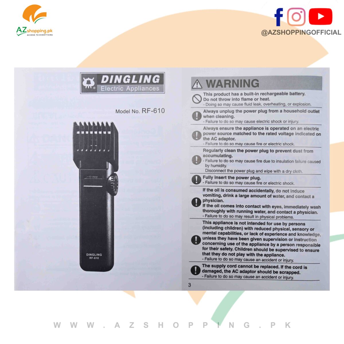 Dingling – Professional Electric Hair Clipper, Trimmer, Groomer & Shaver Machine with Stainless Steel Blade, AC/Rechargeable - Model: RF-610