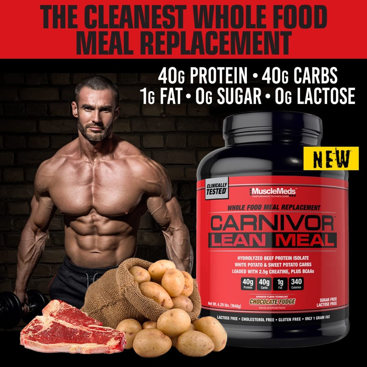 MuscleMeds – Carnivor Lean Meal Whole Food Meal Replacement – Hydrolyzed Beef Protein Isolate with White Potato, Sweet Potato. 40g Protein, 40g Carbs, Lactose-Free Sugar-Free, Loaded with 2.5g Creatine, Plus BCAAs – 5 bs