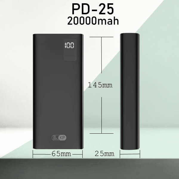 KP – Power Bank with 20000 mAh 18W, PD Qualcomm Quick Charge 3.0, Fast Type-C & LCD Charging Display - Model: PD-25