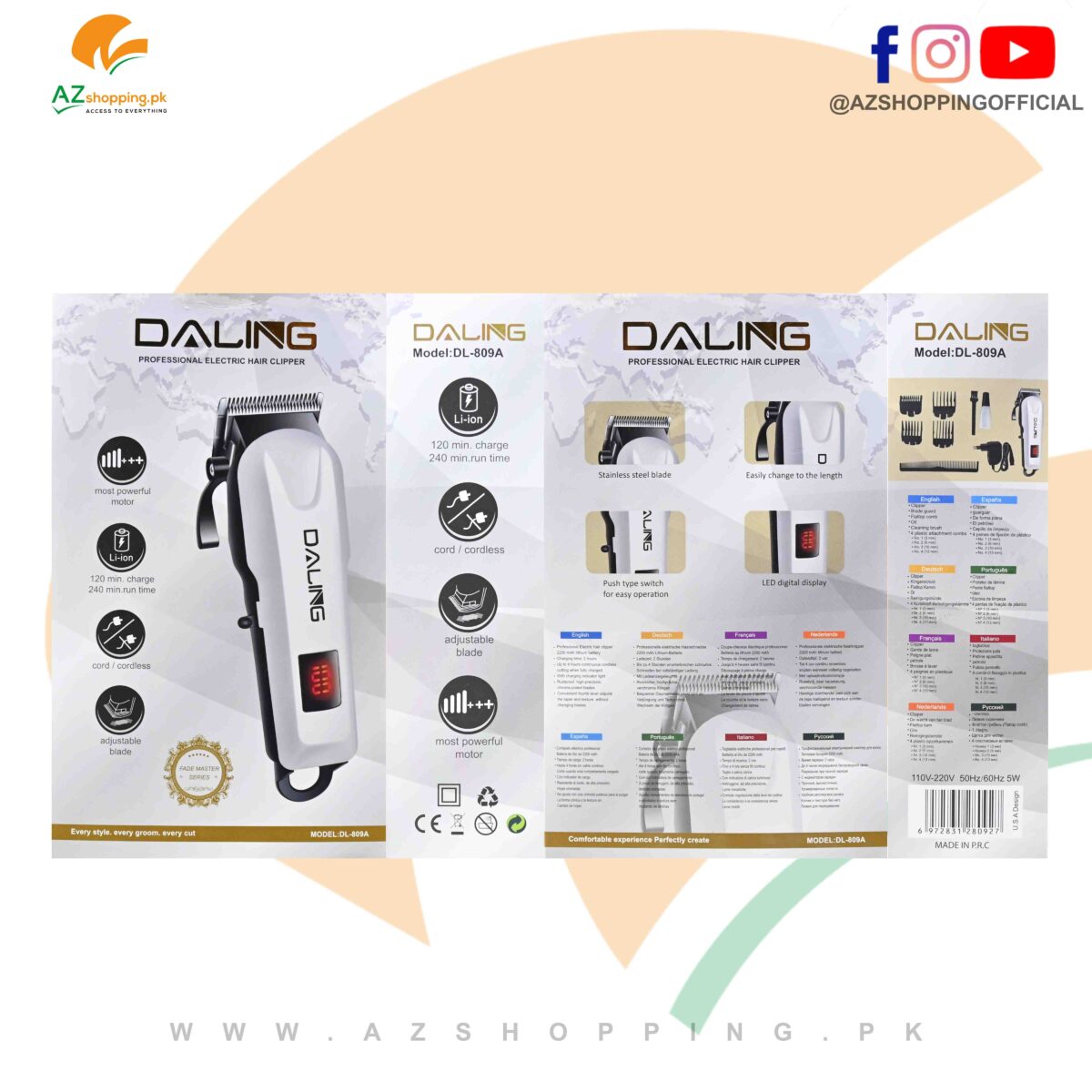 Daling – Professional Electric Hair Clipper, Trimmer, Groomer & Shaver Machine with LED Digital Display, Cord/Cordless & Adjustable Stainless Steel Blade – Model: DL-809A