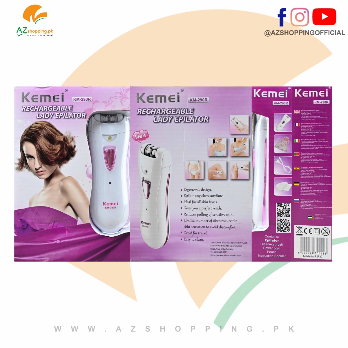 Kemei – Rechargeable Lady Epilator Waterproof Shaver with Pop-up Trimmer – Model: KM-290R