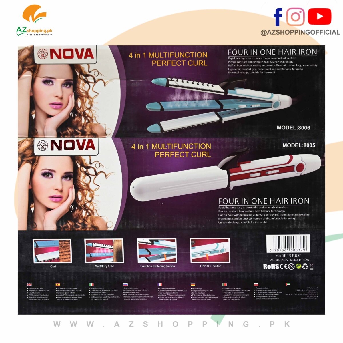 Nova – 4 in 1 Multifunction Perfect Curl 40W For Wet/Dry Steam Spray Use – Model: 8006