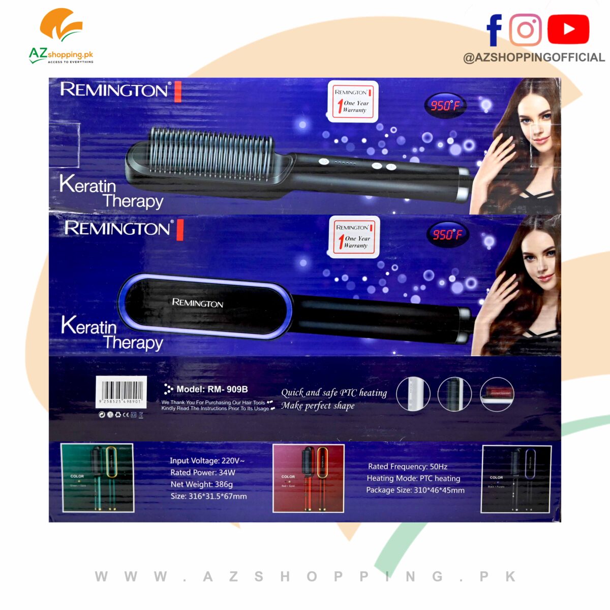 Remington – Hair Straightener Brush PTC Heating Keratin Therapy - Model: RM-909B