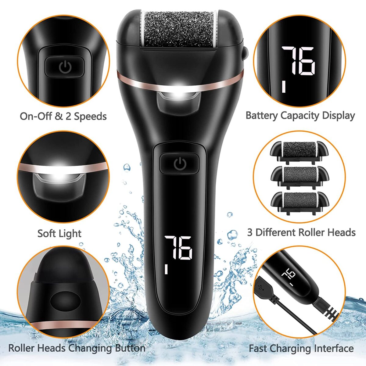 Electric Callus Remover with Digital Display, LED Light & 3 Heads (Fine/Medium/Rough) To Remove Heel Cracked, Dry & Thick Skin – Whole Body Wash/Led Power Display/2-Speed Power Adjustment – Model: ZCA018