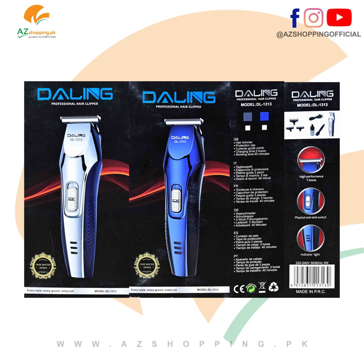 Daling - Professional Electric Hair Clipper, Trimmer, Groomer & Shaver Machine with High Performance T-Blade – Model: DL-1313