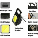 COB Rechargeable Keychain Light IPX5 Waterproof with 4 Light Modes (High/Medium/Low/SOS) & Micro USB Charging, Bottle Opener, Magnetic Base, Adjustable Bracket & Carabiner
