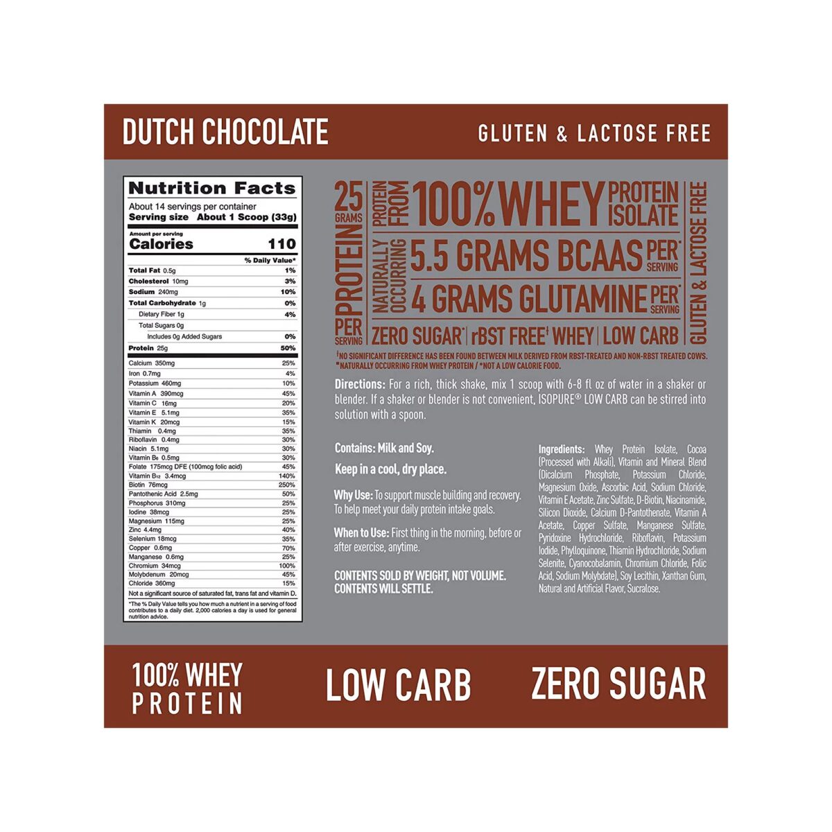 Isopure – Zero Carb 100% Whey Protein Isolate Powder – Dutch Chocolate - Net Wt. 1 Lb