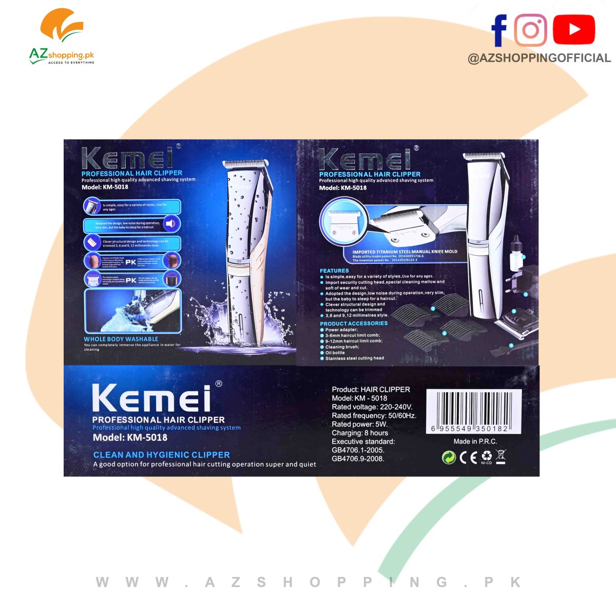 Kemei – Professional Electric Hair Clipper, Trimmer, Groomer & Shaver Machine – Model: KM-5018
