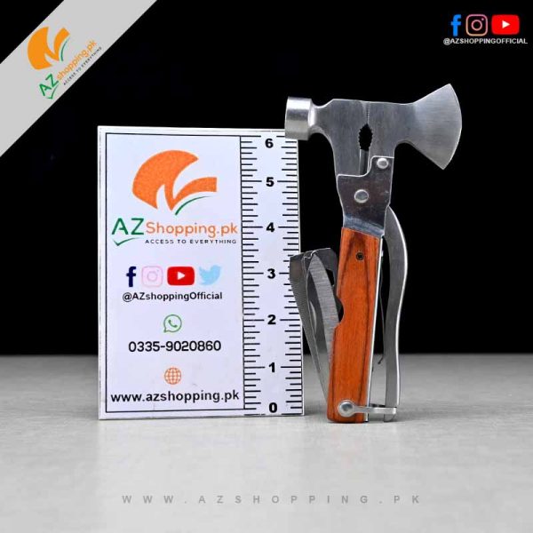 14 in 1 Camping Axe Multitool Hammer - Axe, Hammer, Pliers (Flat Jaw Plier, Gripper/Locking Plier, Wire-Cutting Plier) , Knife (Serrated Knife Blade, Mini Knife, Cutting Knife), Saw, Assorted Hex Wrenches, Phillips Screwdriver, Slotted/Flat Screwdriver, Bottle Opener, Nail File, Fish Scaler, Fish Fork, Allen Key, Rope
