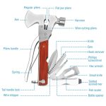 14 in 1 Camping Axe Multitool Hammer - Axe, Hammer, Pliers (Flat Jaw Plier, Gripper/Locking Plier, Wire-Cutting Plier) , Knife (Serrated Knife Blade, Mini Knife, Cutting Knife), Saw, Assorted Hex Wrenches, Phillips Screwdriver, Slotted/Flat Screwdriver, Bottle Opener, Nail File, Fish Scaler, Fish Fork, Allen Key, Rope