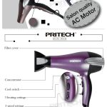 Pritech – Hair Dryer 2000W with 3 Speed & 3 Heating Settings & Cool Shot Function – Model: TC-3332