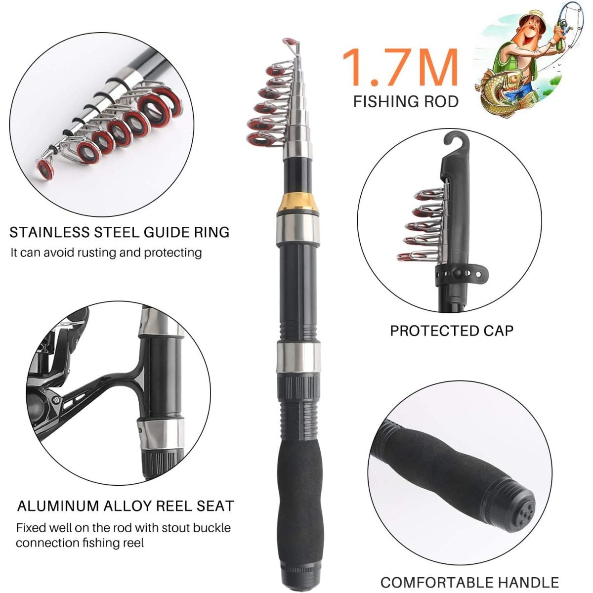 Carbon Fiber Fishing Rod & Reel Complete Kit Set with 5G-5000 Gear Spinning Reel Line, Lures & Bait, Fishing Line, Fishing Tackle & Carrying Bag