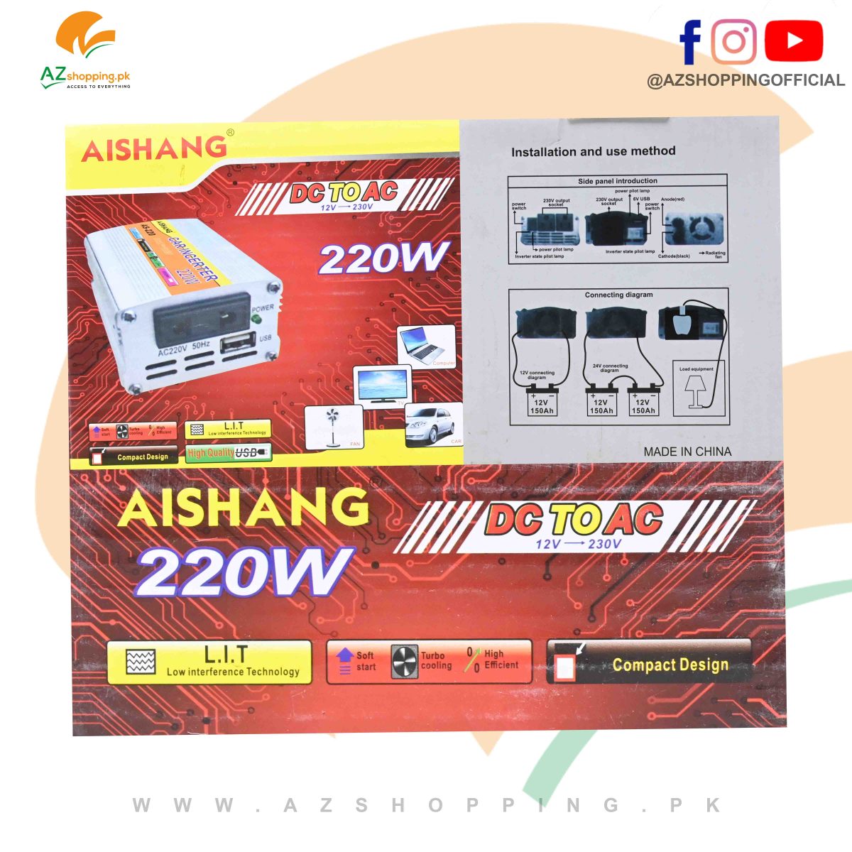 Aishang – DC Power Car Inverter 220W & 50Hz (DC 12V to AC 220V)