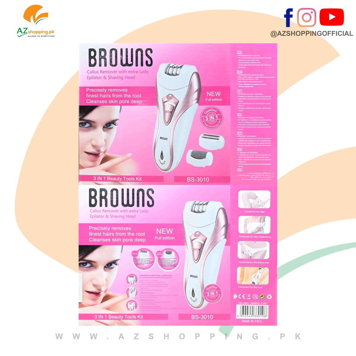 Browns – 3 in 1 Epilator, Callus Remover & Lady Shaver Shaving Head with LED Torch Light – Model: BS-3010
