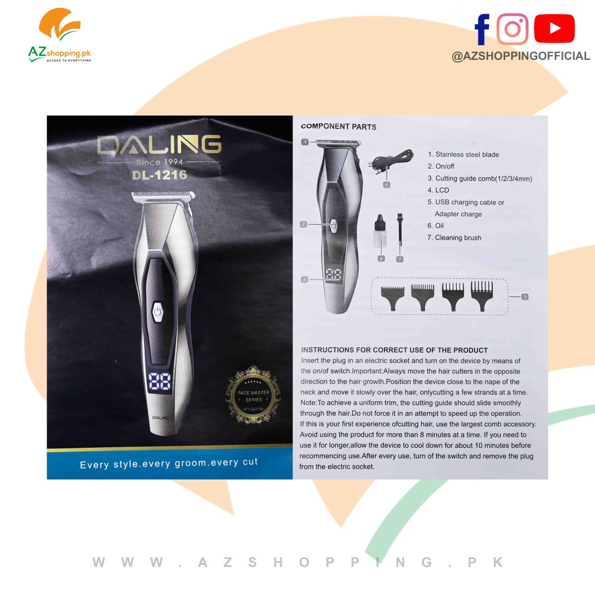 Daling – Professional Electric Hair Clipper, Trimmer, Groomer & Shaver Machine with LCD Digital Display – Model: DL-1216