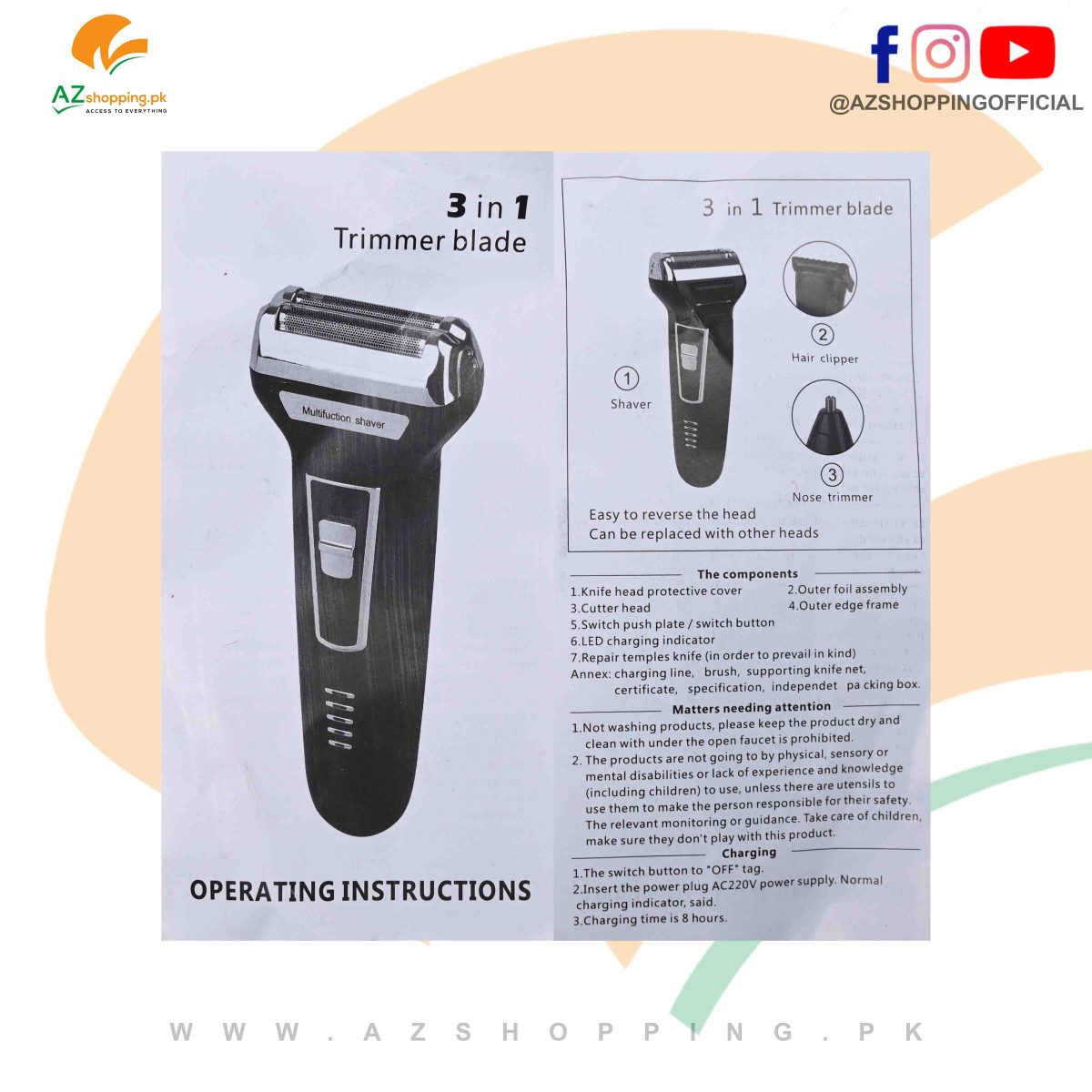 Daling – 3 in 1 Rechargeable Electric Double Shaver Machine with LED Display Razor Head, Nose Trimmer Head, Mini Trimmer – Model: DL-9057