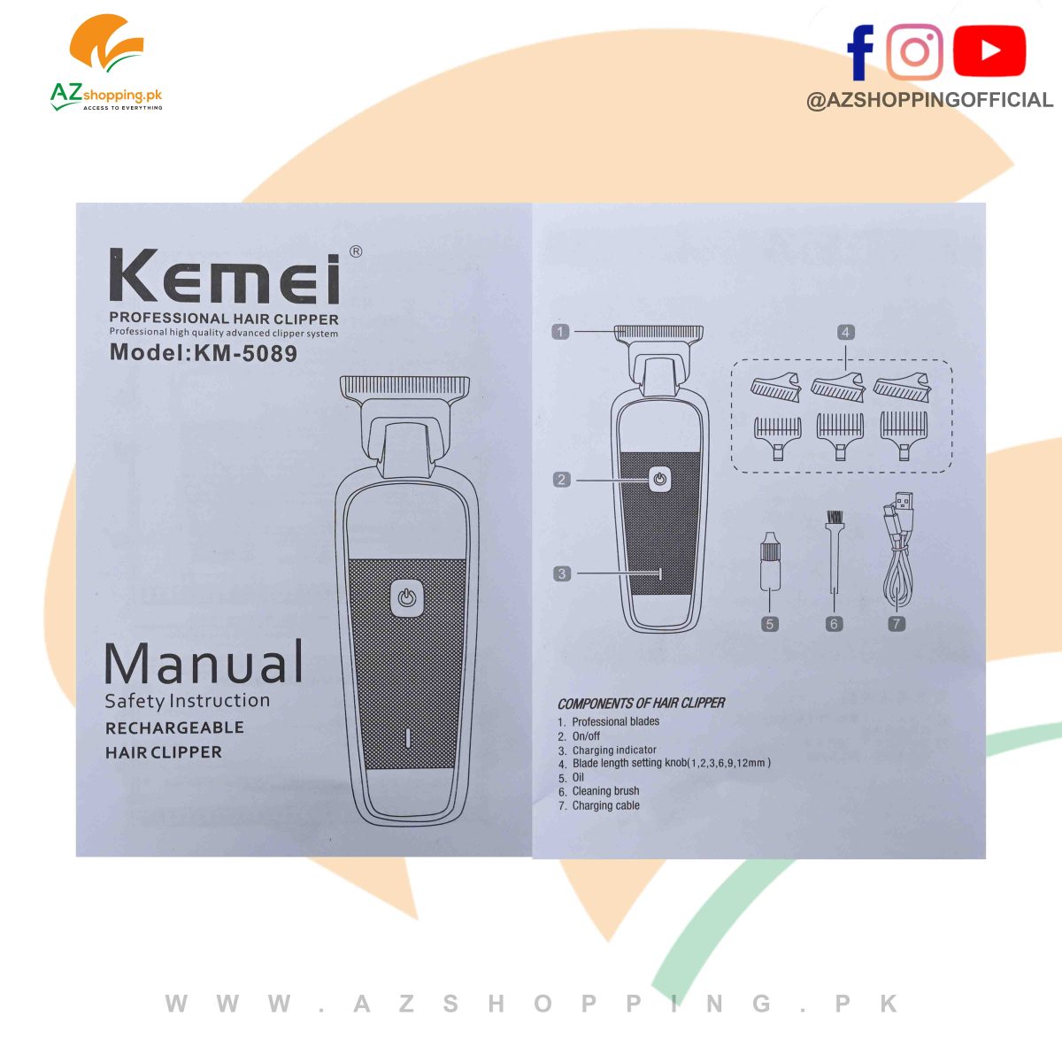 Kemei – Professional Electric Hair Clipper, Trimmer, Groomer & Shaver Machine with Carbon Steel Cutter, two Speed Adjustment, A1 Chip Prevent Hair From Being Stuck – Model: KM-5089