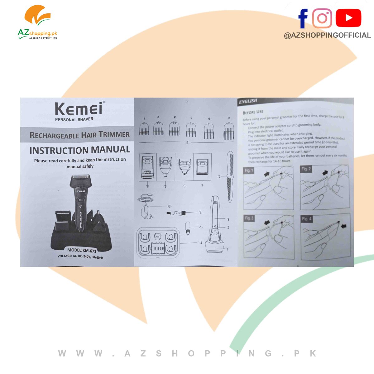 Kemei – 12 in 1 Professional Electric Hair Clipper, Trimmer Blade, Groomer, Nose & Ear Trimmer, Precision Trimmer & Dual Shaver Machine – Model: KM-671