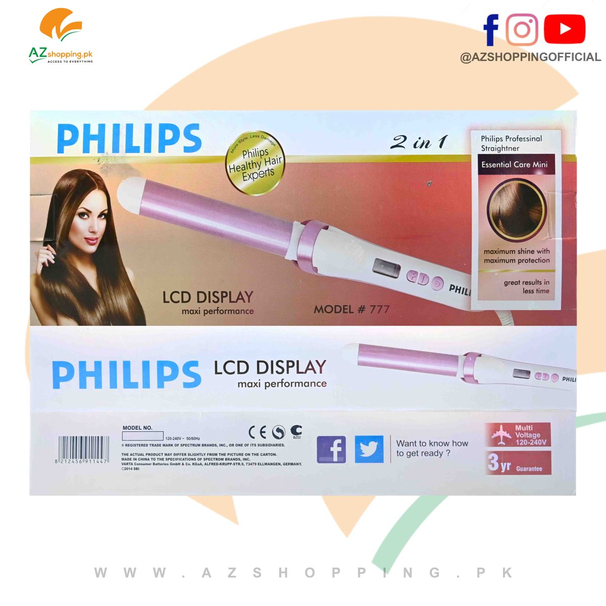 Philips – 2 in 1 Professional Hair Straightener & Hair Curler with LCD Display & Adjustable Temperature Control – Model: 777