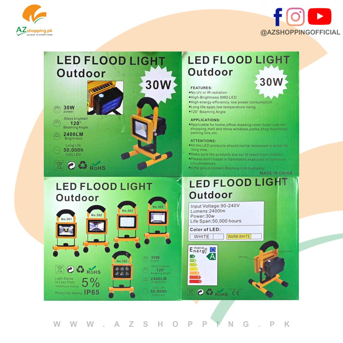 24 Led Flood Light Outdoor Lamp 30W with Carrying Handle & Stand, Waterproof IP65 & 3 Modes of Lights – Power Bank Output - Model: No.305