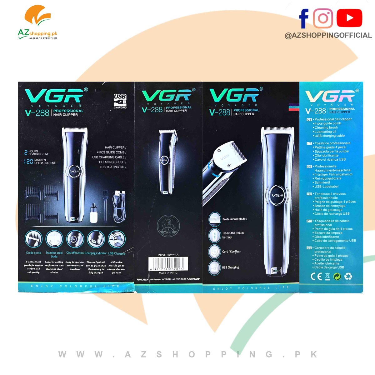 VGR – Professional Electric Hair Clipper, Trimmer, Groomer & Shaver Machine with Stainless Steel Blades & Cord/Cordless – Model: V-288