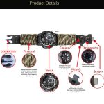 Yuzex – Multi-functional Tactical Gear Survival Watch Waterproof – Night Light/Alarm/Compass/Thermometer/Scraper/Whistle/Paracord Rope/Fire Starter - Model: G3
