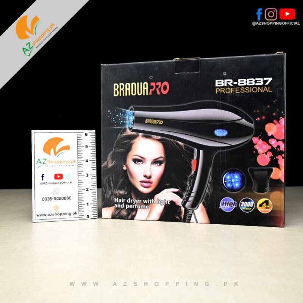 Braoua Pro – Hair Dryer with Light & Perfume 3000W – 3 Temperature Settings & 2 Speed Settings - Model: BR-8837