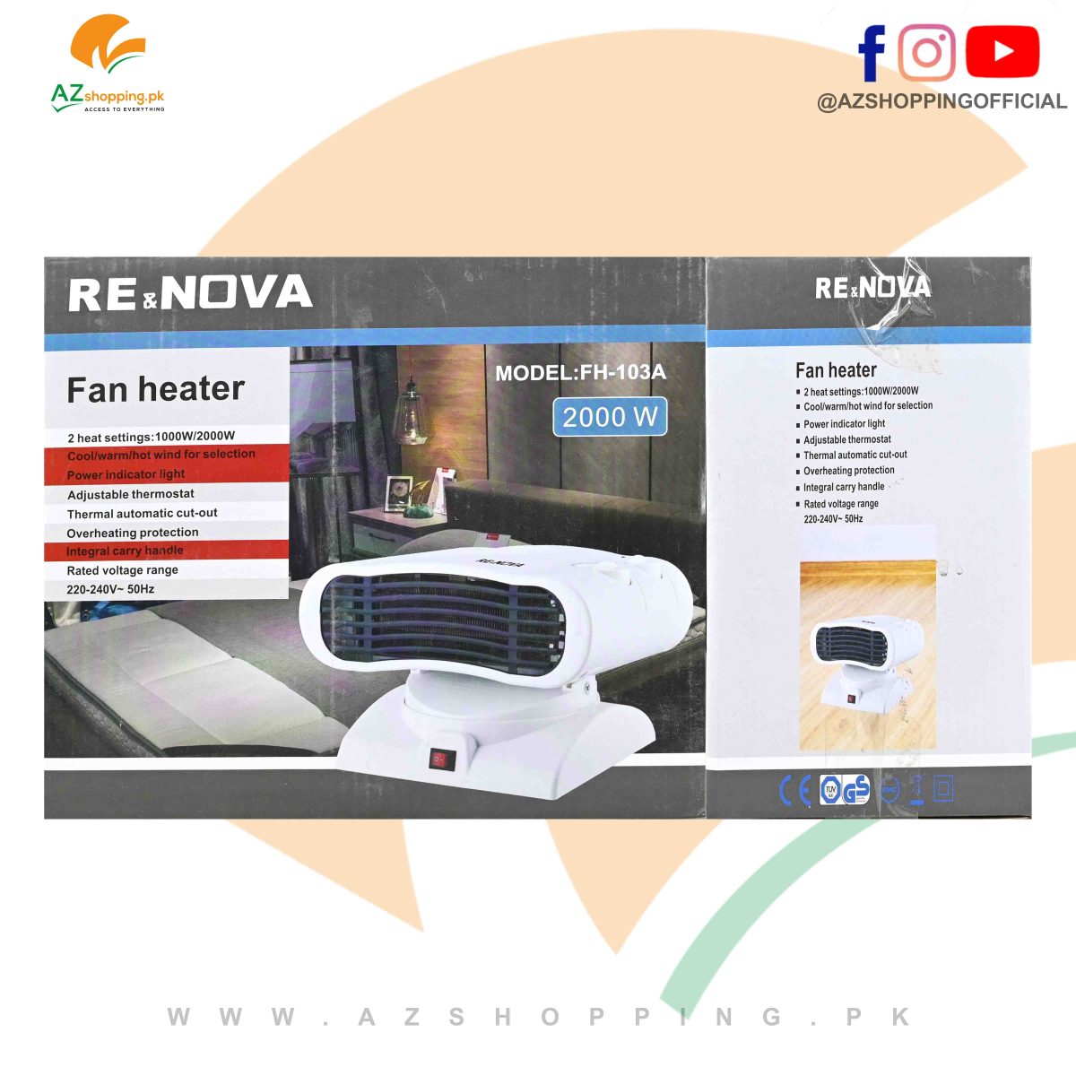 Renova – Fan Heater Air Blower 180 Degree Rotation 1000W/2000W with 2 Heat Settings, Cool/warm/hot wind selection, Adjustable Thermostat – Model: FH-103A
