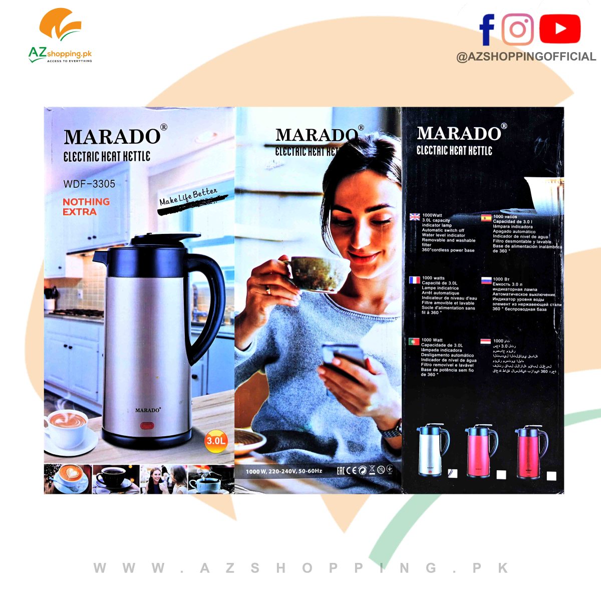 Marado – Electric Heat Kettle 1000W with 3L Capacity – Model: WDF-3305