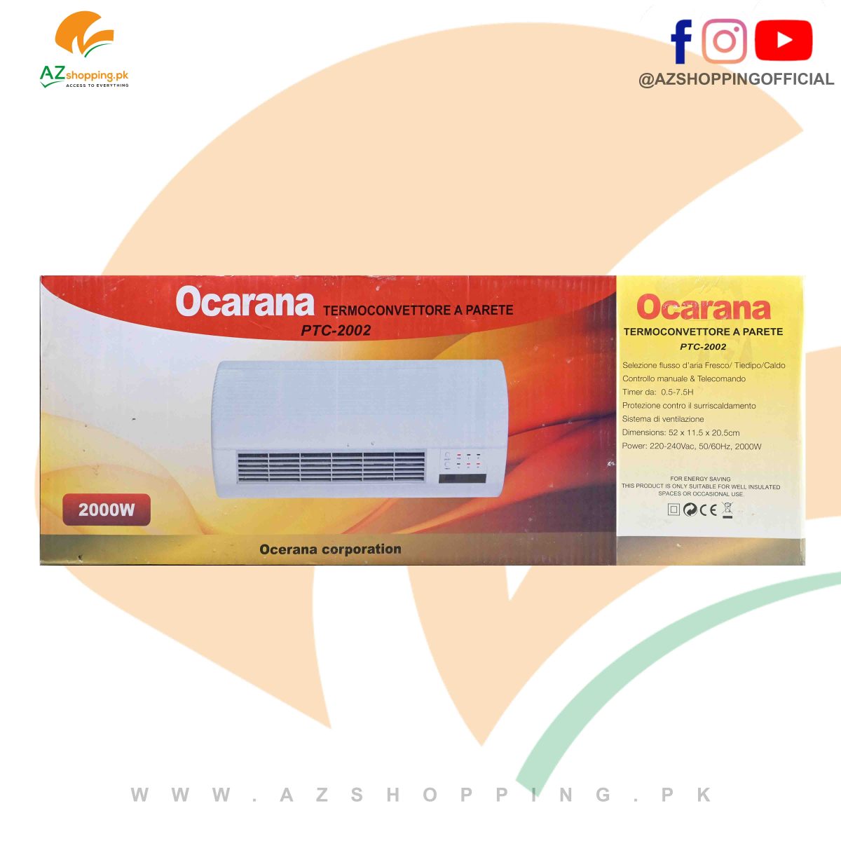 Ocarana – Wall Heater Kalorifer 2000W (Fan/Warm/Hot Wind Modes) with Remote Control - Model: PTC-2002