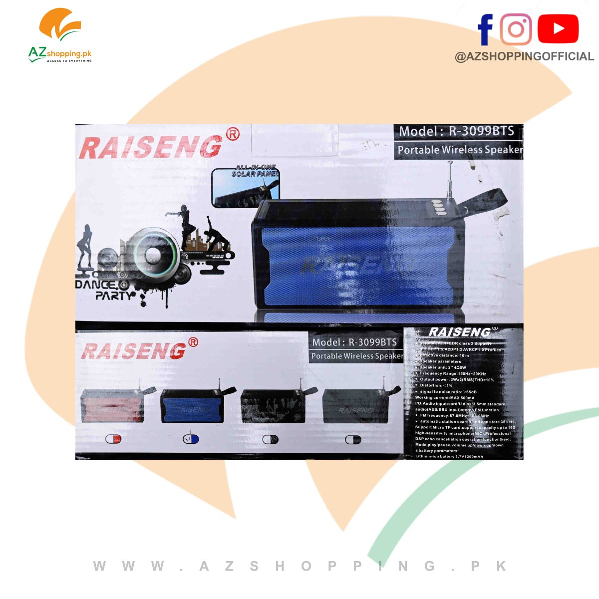 Raiseng – Portable Wireless Speaker Support USB/TF CARD/FM RADIO with Solar Charging - Model: R-3099BTS