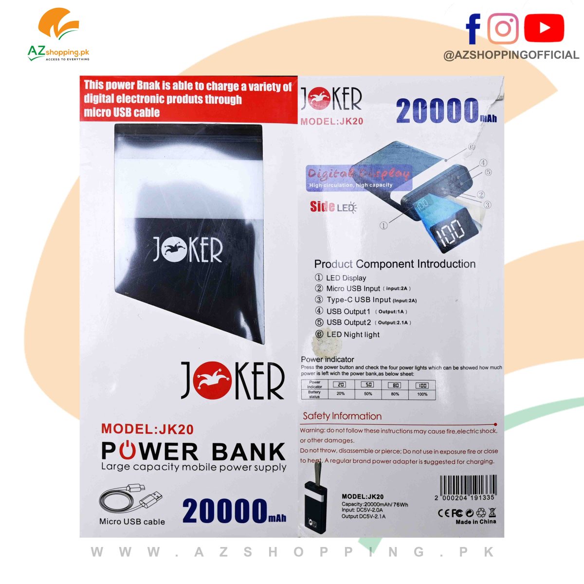 Joker - Power Bank 20,000mAh with LED Display & LED Night Light – Model: JK20