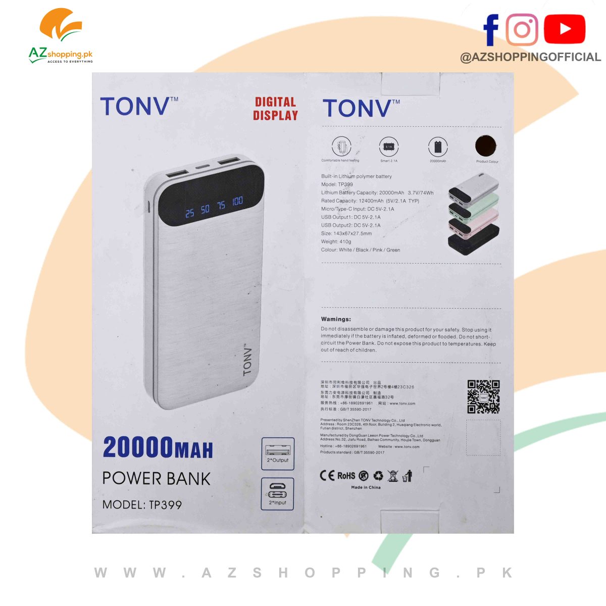Tony – Power Bank 20,000 mAh with Digital Display – Model: TP399