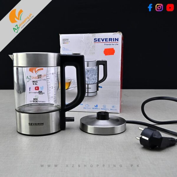 Severin – Mini Glass Electric Kettle 1100W BPA Free, Removable Anti-Limescale Filter, One Hand Open, 360° Stand - 0.5L – Model: WK3458