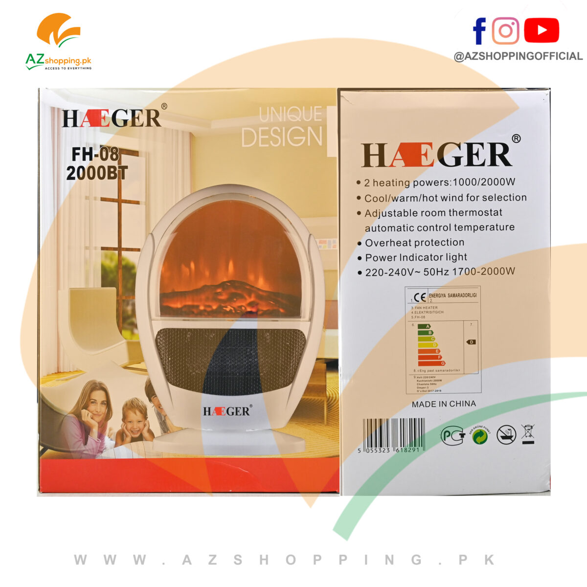 Haeger – Electric Vertical Fan Heater 1000W/2000W with Digital Flame Display - Model: FH-08 2000BT